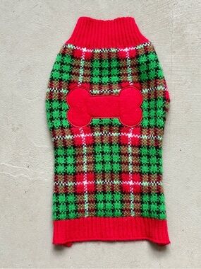 SIMPLY DOG Red & Green Plaid Dog Sweater with Bone Accent